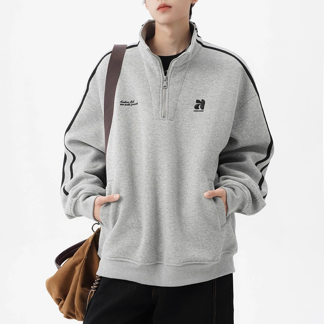 美式条纹立领情侣卫衣男冬潮牌复古半拉链上衣设计感重磅运动外套