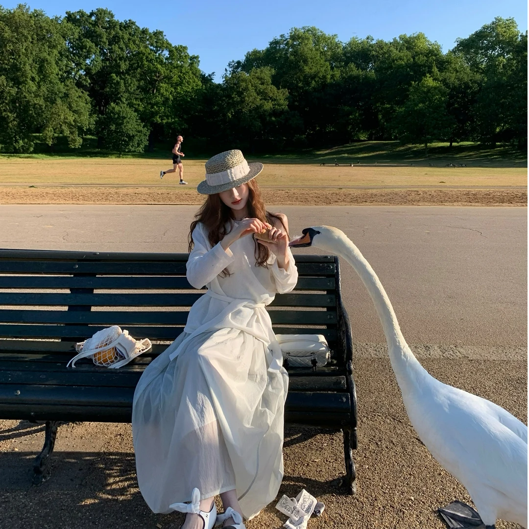 aaaaxbbb 西伯利亚慢车 两色防晒套装长袖罩衫宽松气质连衣裙长裙