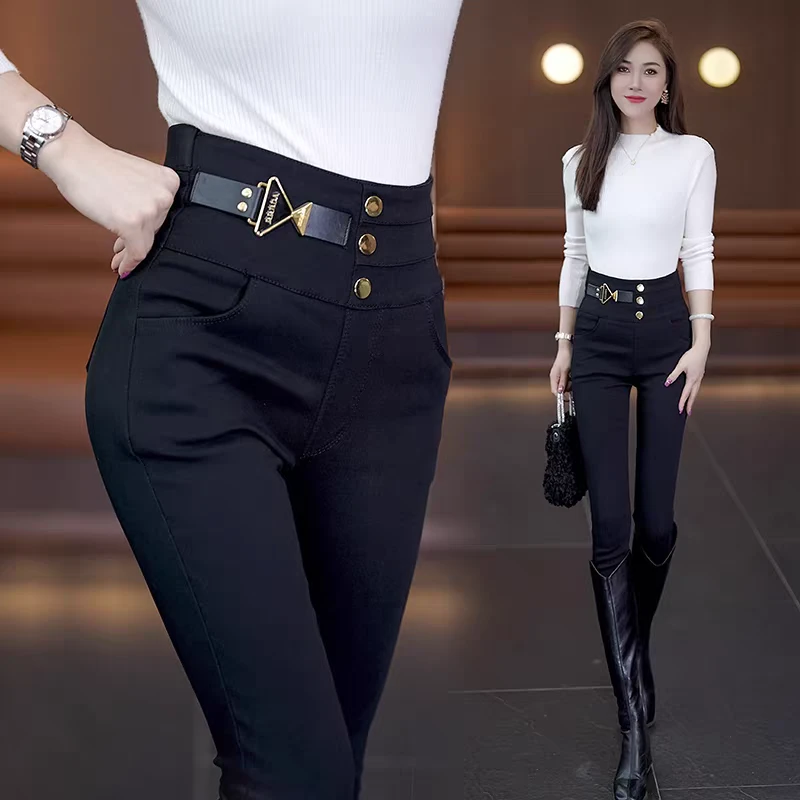 高腰显瘦黑色高弹紧身裤加绒收腹显高小脚裤子