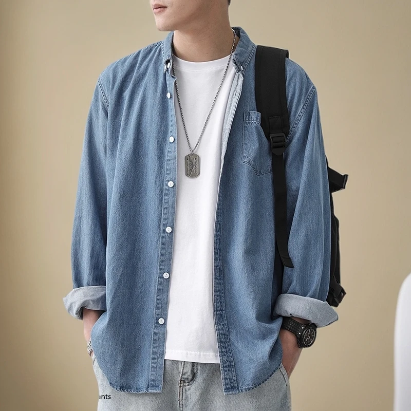 DIIIVERGOM秋季牛仔长袖顺滑透气男士衬衫港风宽松荡领欧美风