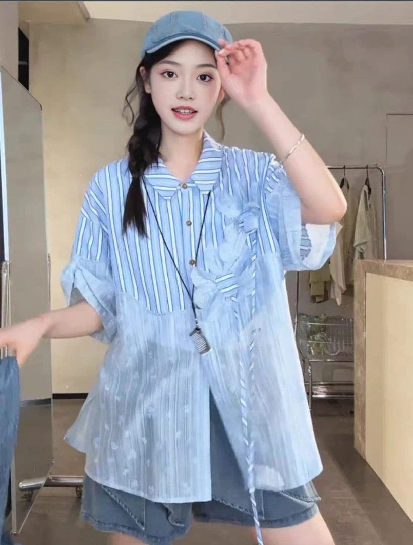 2025夏季新款设计感蓝色条纹拼接宽松百搭衬衫