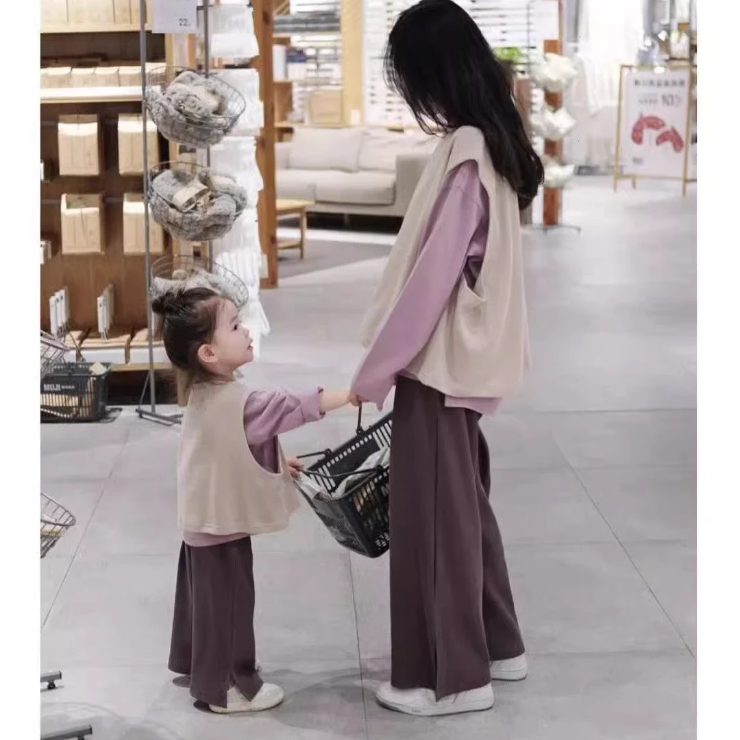 亲子装母女同款韩版长袖亲子装春秋百搭休闲三件套宽松马甲套装