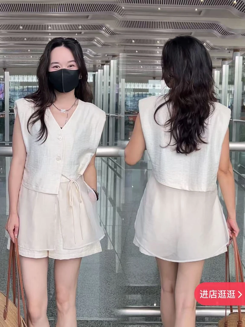 洋气夏季新款舒适轻奢气质绑带上衣短裤无袖时尚套装女