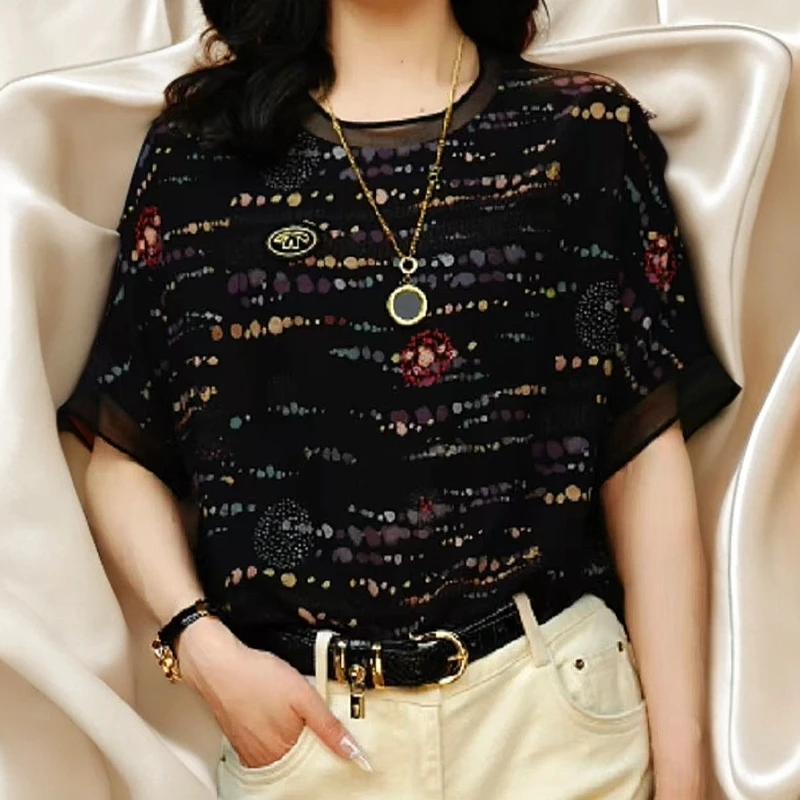 2025夏新款落肩碎花袖带标志显瘦宽松时尚印花减龄女短袖上衣8932