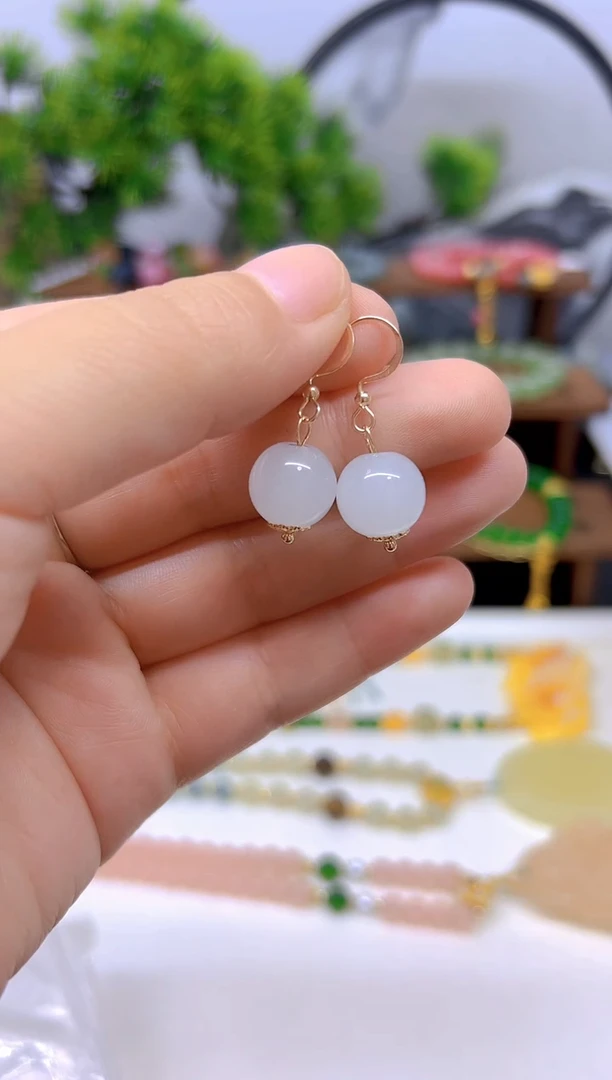 和田玉14K金镶嵌耳饰E04