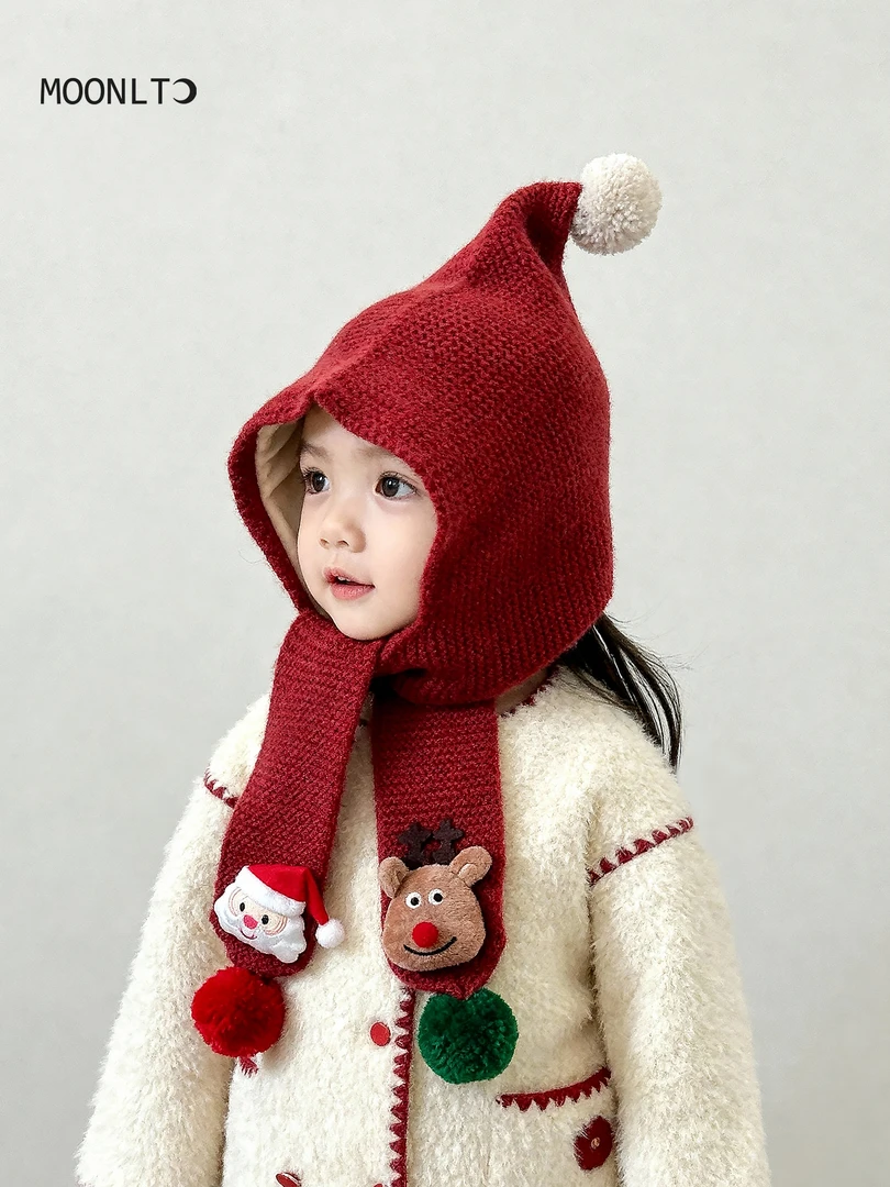 儿童帽子围巾一体秋冬季保暖防风男女童圣诞节礼物毛线宝宝护耳帽