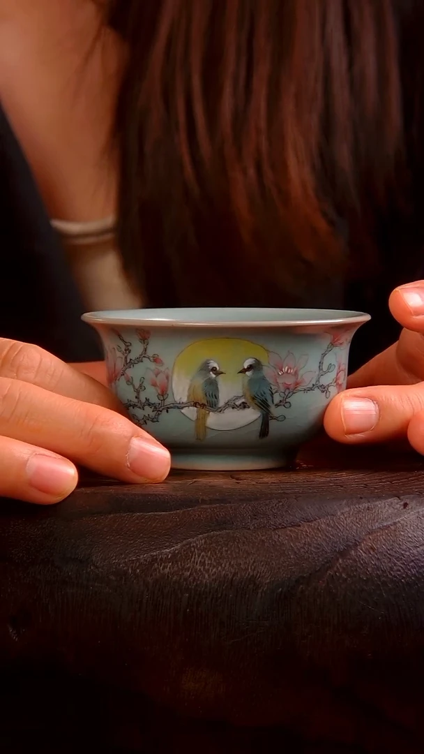 瓷片彩绘 147对鸟压手杯......