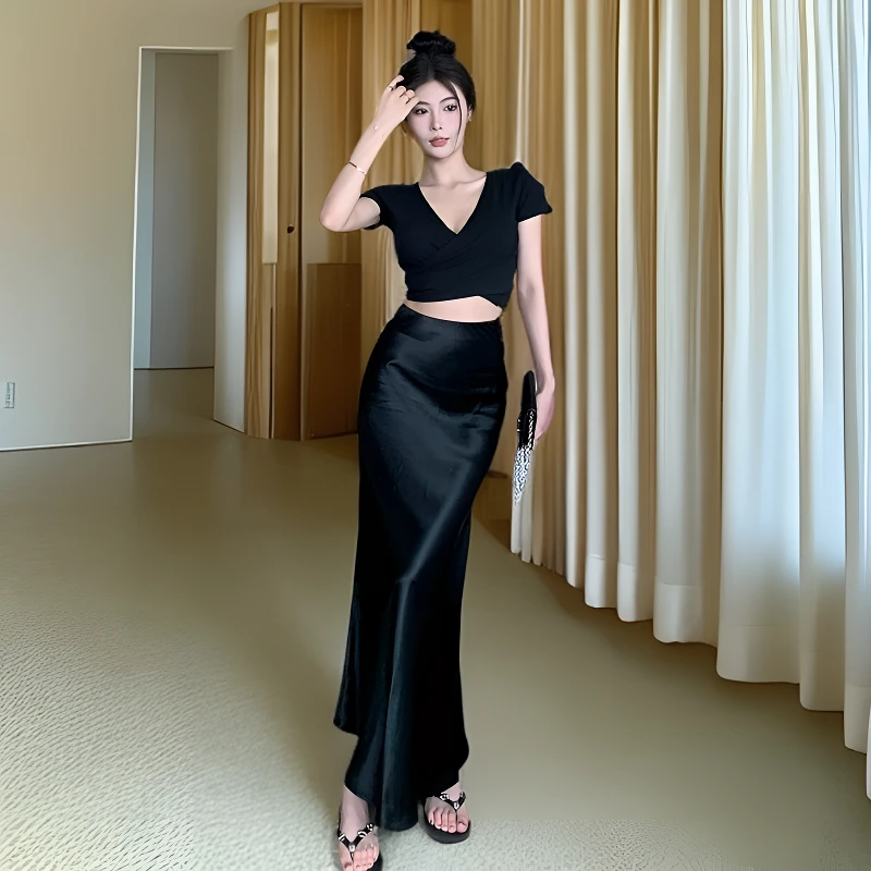 夏季新款高级感法式气质荷叶边缎面高腰显瘦包臀裙鱼尾半身裙女