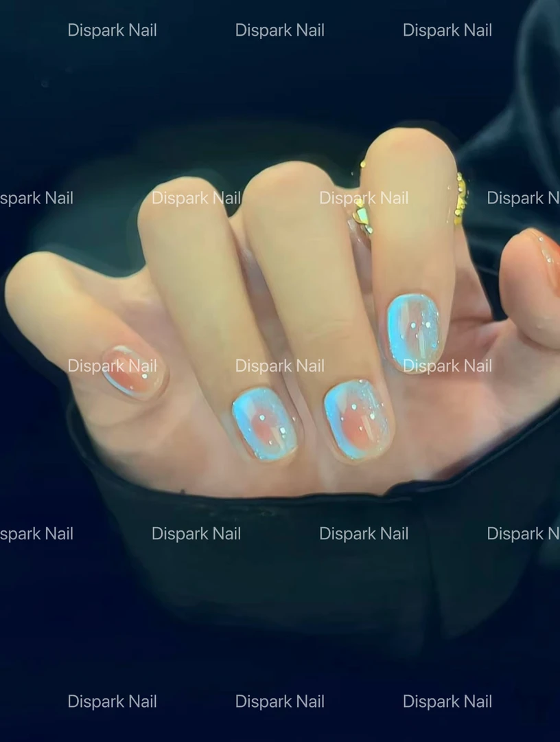 纯手工裸色蓝眼泪猫眼短款穿戴甲夏季可爱显白美甲变色