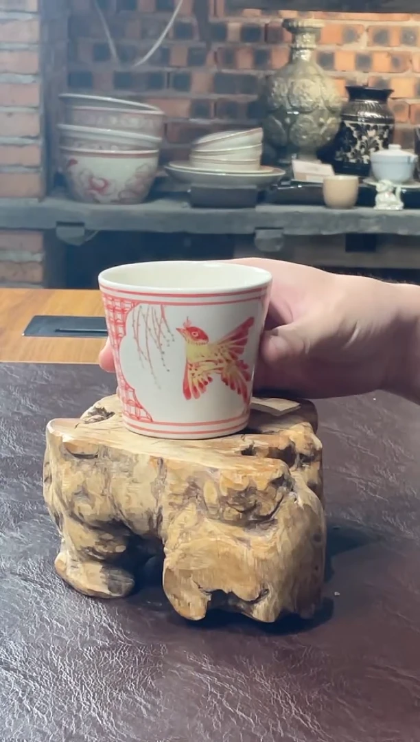 25号喜上枝头手绘红绿彩磁州窑嘎嘎好