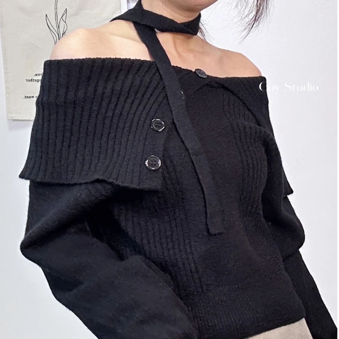 COY Studio 东大门正品约会风一字肩针织上衣（跑量款）