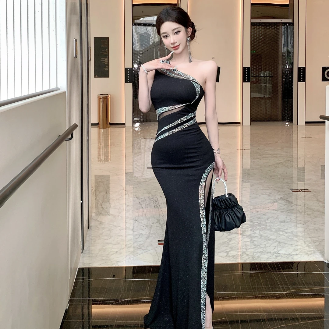 黑色晚礼服女2025新款高级感宴会气质主持人单肩性感开叉鱼尾长裙