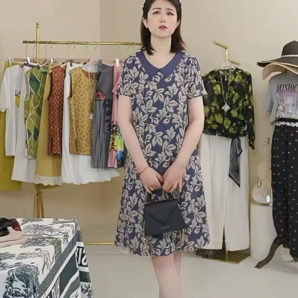 2025年夏季17177娃娃领优雅气质显瘦树叶印花设计连衣裙