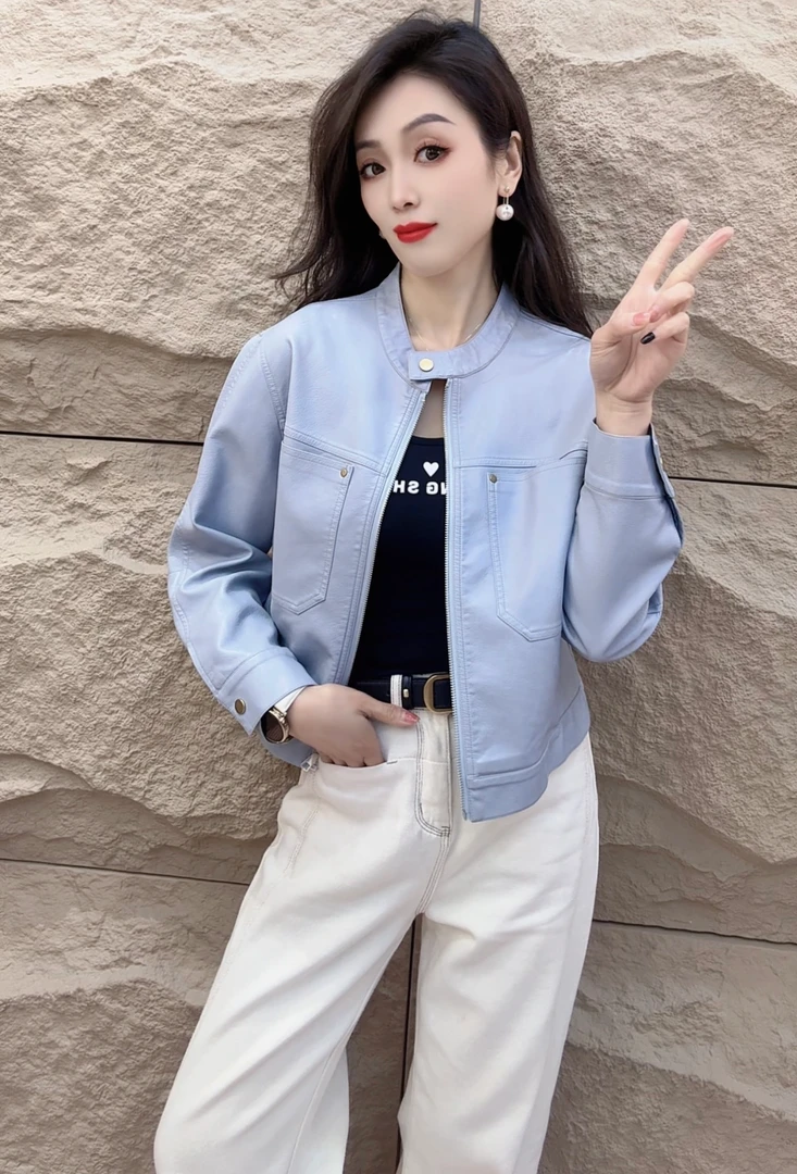 yipinyuxi/依品羽茜海宁正品2025春秋时尚休闲立领皮衣外套女