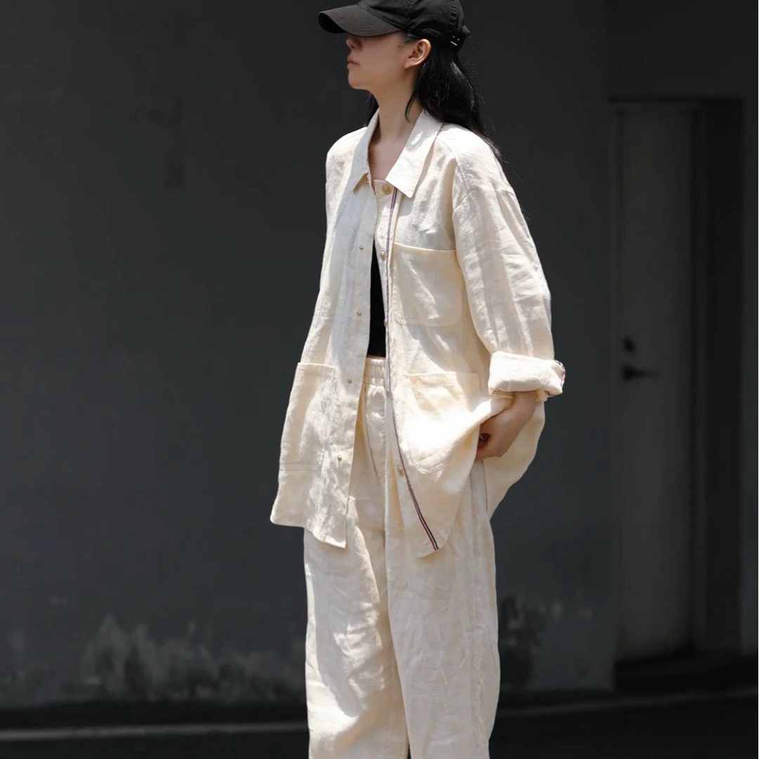 老钱风亚麻套装宽松版型百搭休闲裤时尚夏季松弛感长袖衬衫外套
