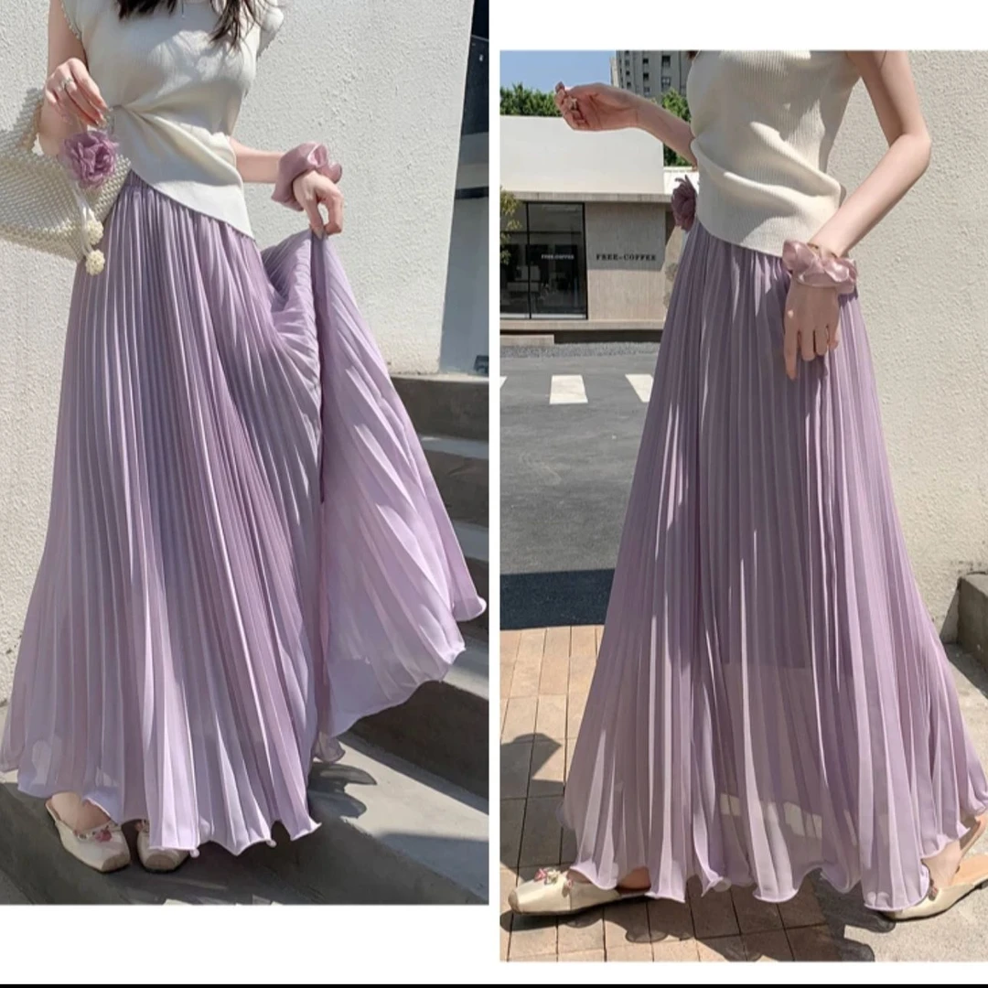 【2025春夏新款雪纺木耳边百褶半身裙】仙气甜美风高腰显瘦百搭长裙