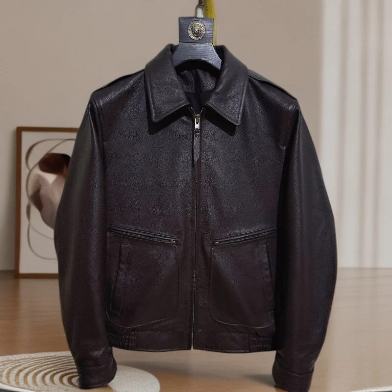 秋冬新款时尚休闲男士头层牛皮真皮皮衣男款修身翻领皮夹克外套