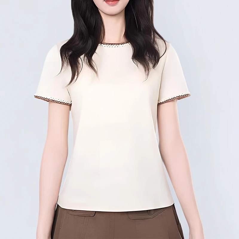 商场同款女装2025春夏新款小香风花边圆领百搭短袖t恤上衣530054