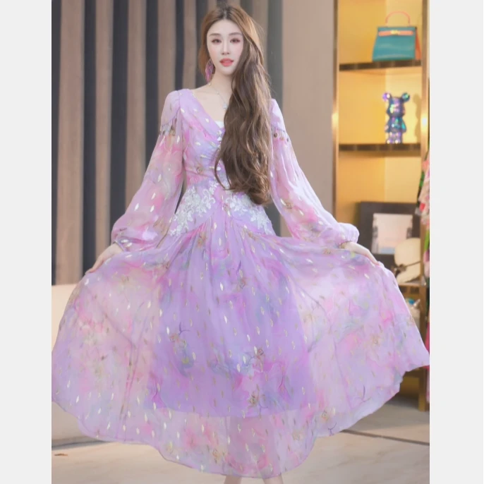 【张喜喜】气质重磅真丝温柔风轻奢收腰碎花显瘦连衣裙 250094