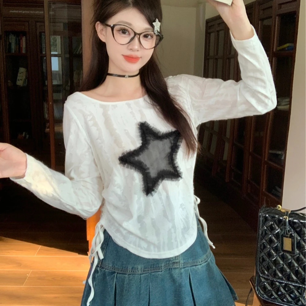 春夏新款胖妹妹长袖抽绳显瘦T恤上衣-N-2908