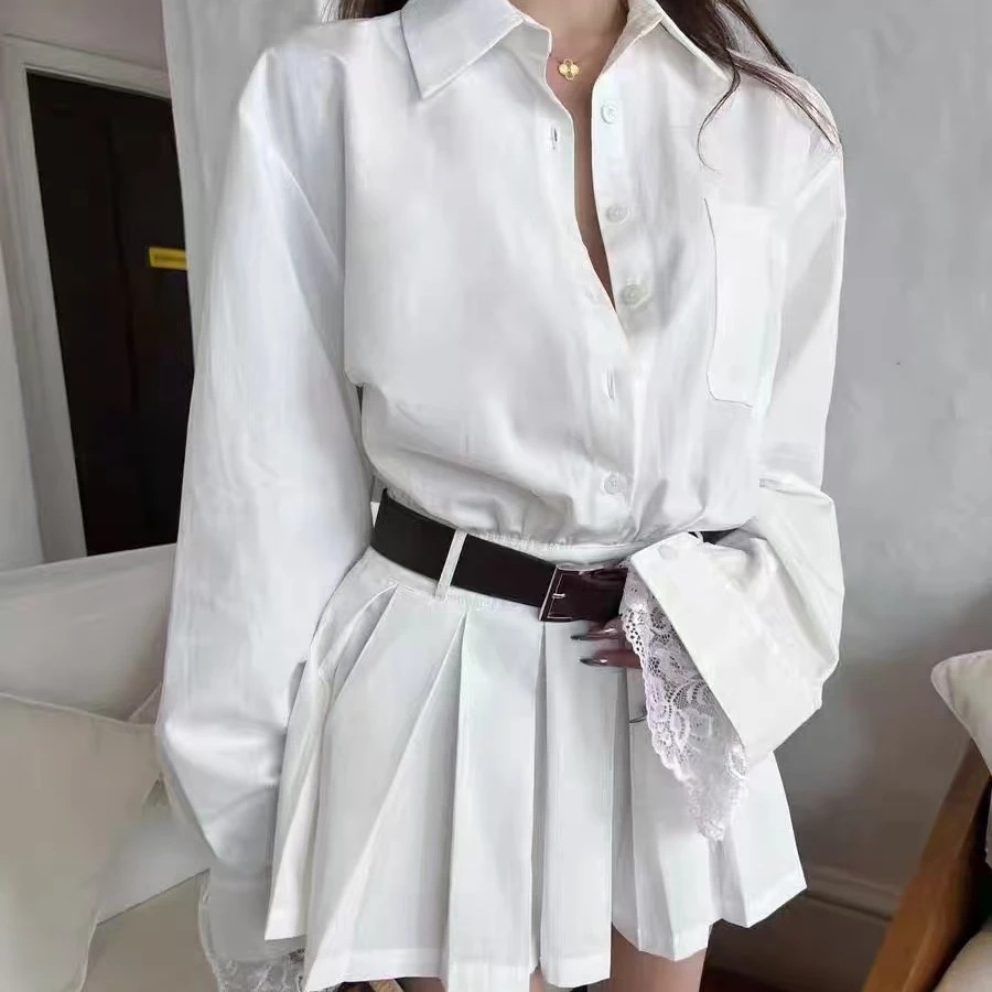 2025早春（春日浪漫）大码衬衫百褶拼蕾丝连衣裙