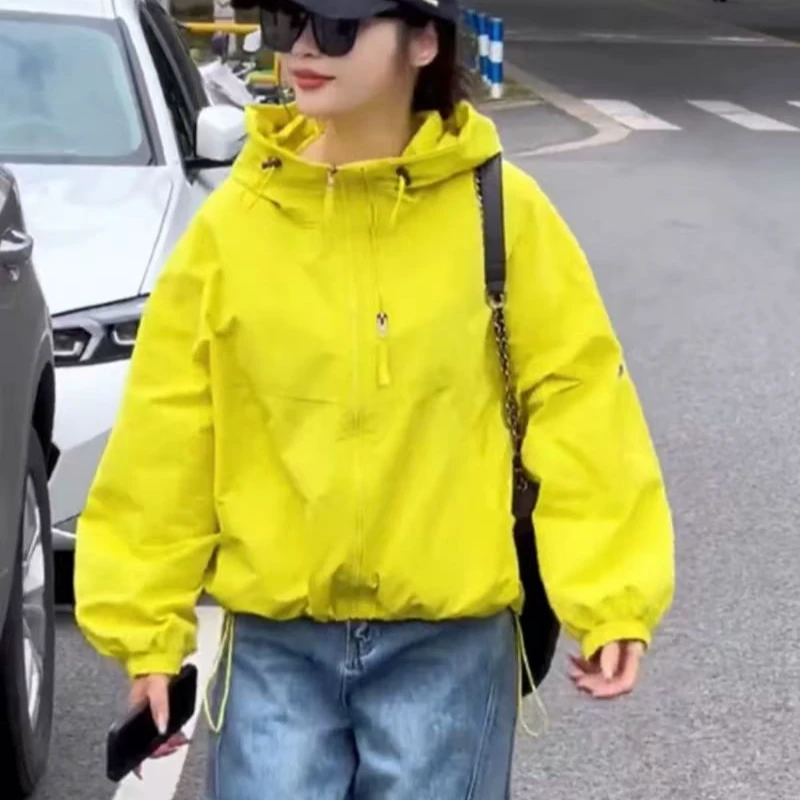 双拉链连帽小个子短款外套女春季新款宽松显瘦下摆抽绳冲锋衣上衣