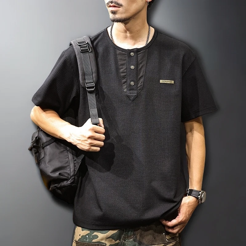 美式复古亨利领短袖t恤男夏季纯棉重磅2025新款宽松大码潮流体恤