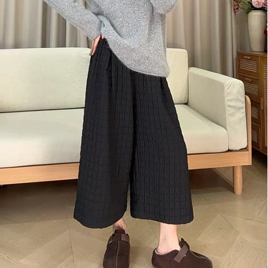 兰嫣｛棉格阔腿裤｝夹棉加厚宽松格子阔腿裤冬季时尚宽松休闲七分裤