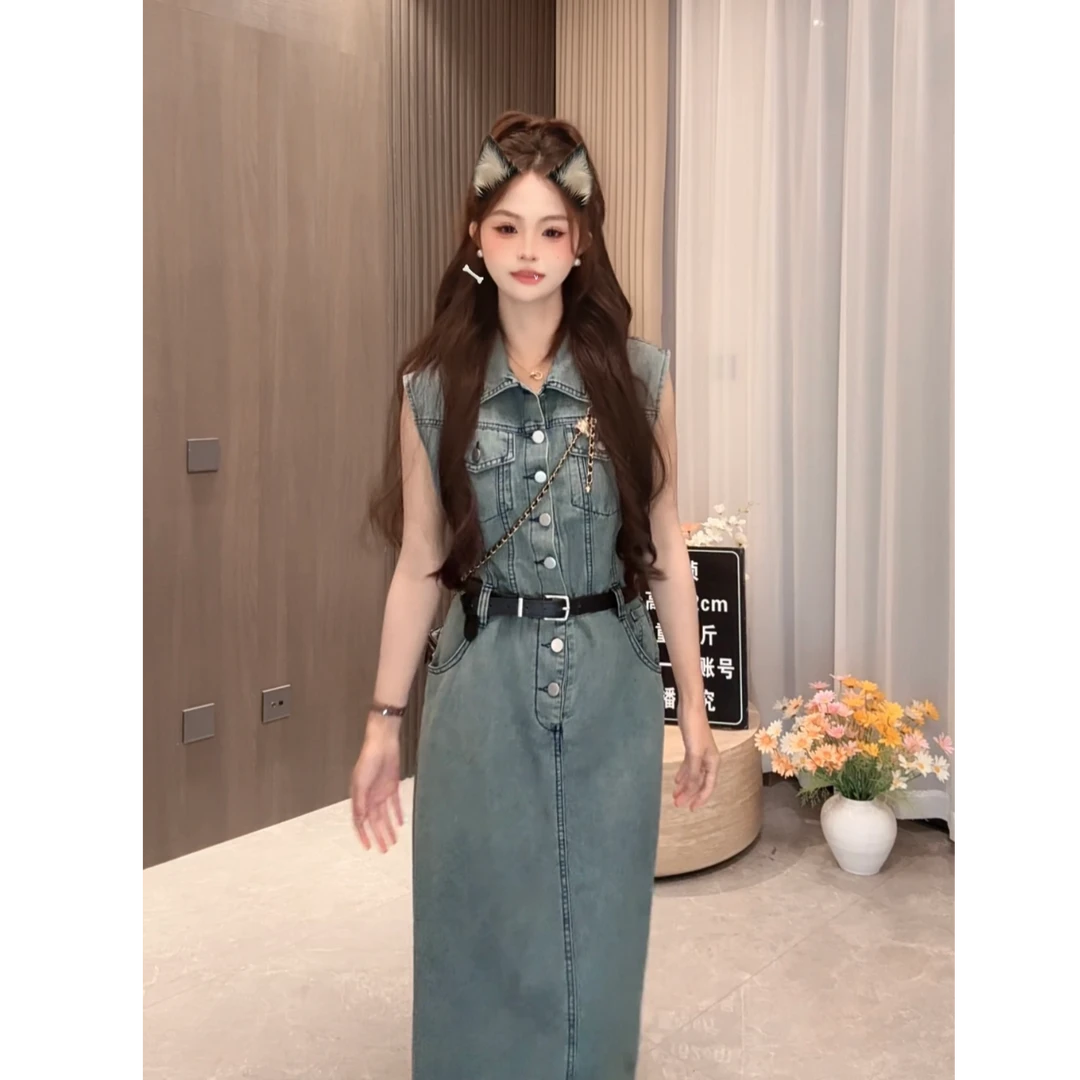 美式复古无袖牛仔连衣裙女2025春季新款设计感翻领收腰显瘦长裙子