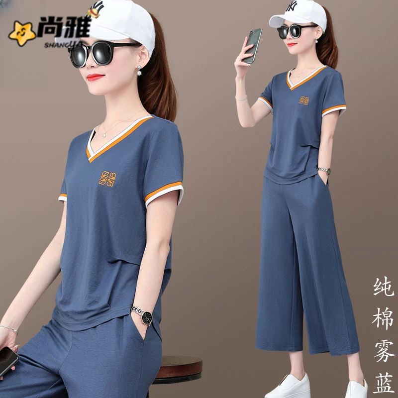 短袖七分裤运动套装女夏季2025新款小个子宽松韩版跑步休闲两件套