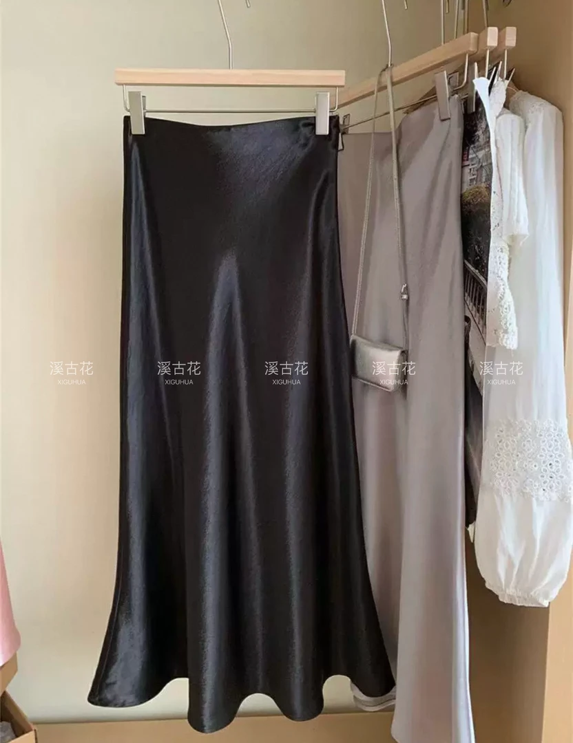 【明月】2025春季新款缎面三醋酸女百搭显瘦裙子女松紧腰