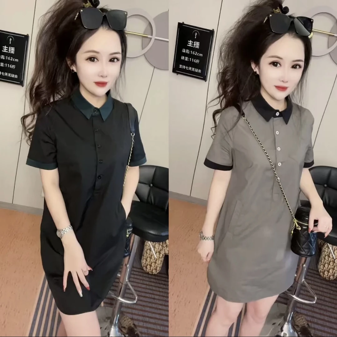 2025夏季新款时尚简约撞色设计高档连衣裙遮肚子显瘦中长衬衫裙