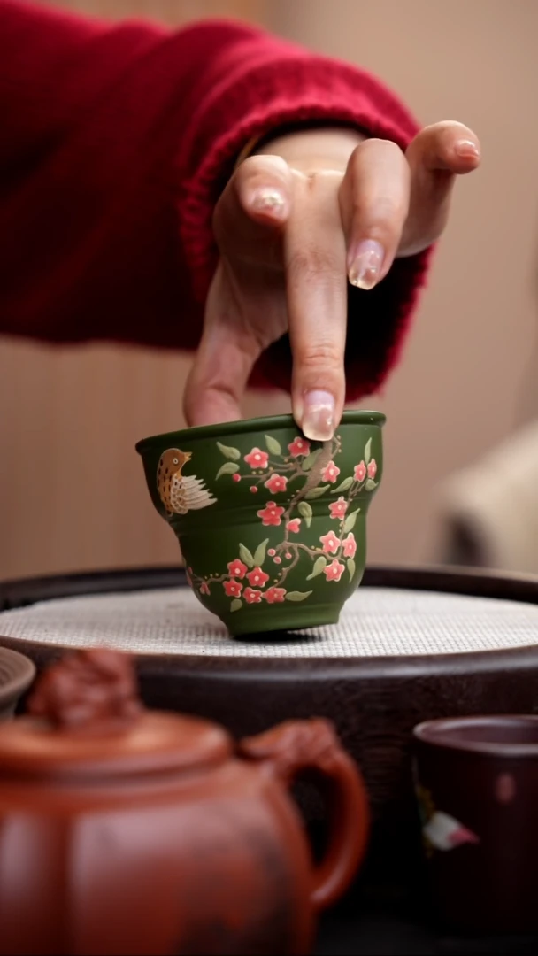 【闪购商品】紫砂茶壶民国绿葫芦杯泥绘花鸟