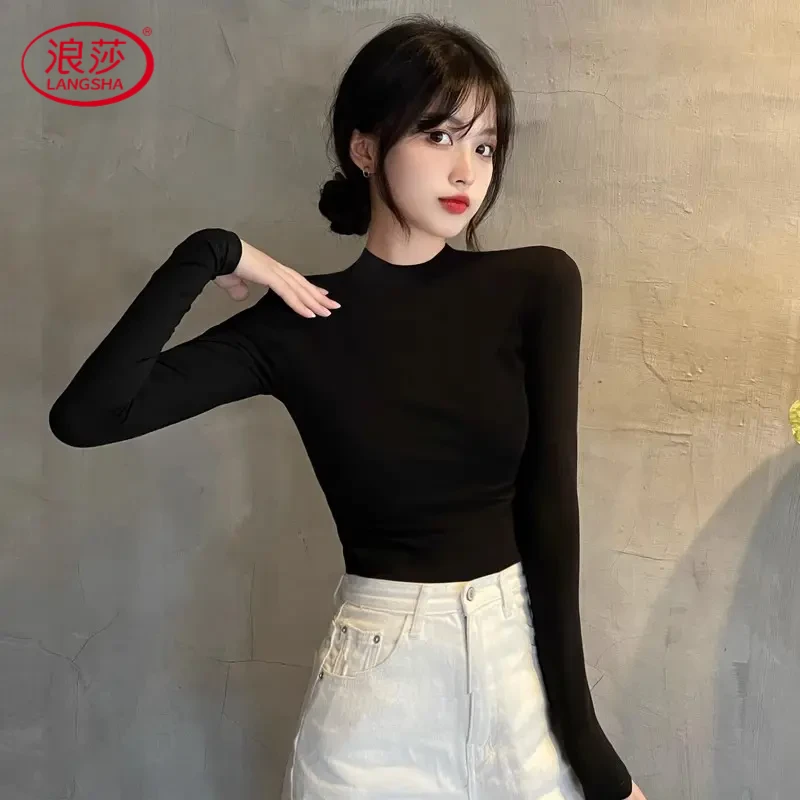 浪莎2025上衣新款潮t恤薄款内搭半高领春秋长袖女黑色打底衫