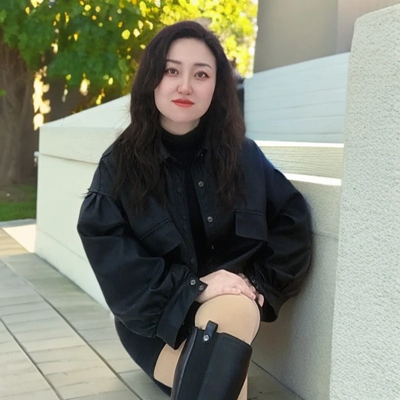 女款010黑色百搭小翻领皮优落肩袖宽松休闲短款春秋秋冬韩版外套