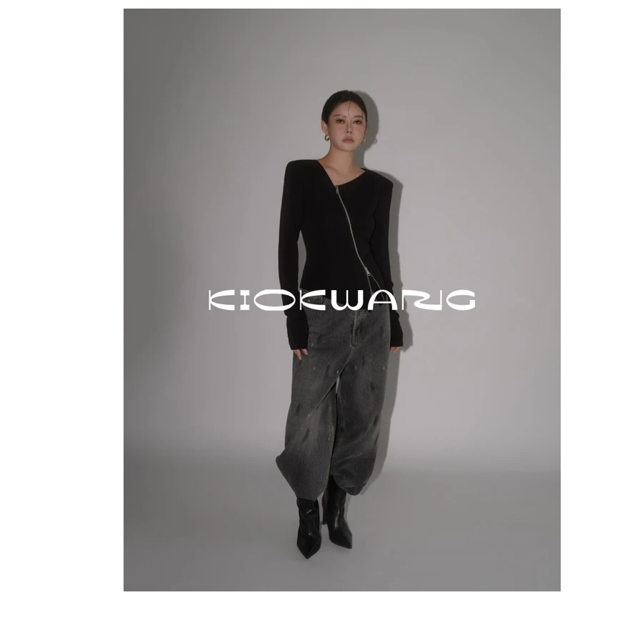 KIOKWANG//KKwang爆款 时尚斜拉链设计款修身显型长袖T恤上衣新款