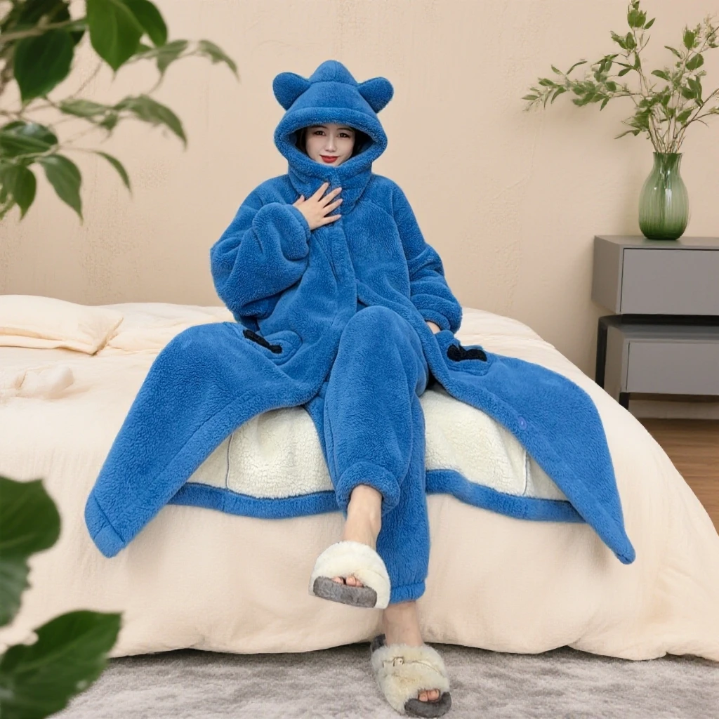 【子茹专享】2025爆款双层加厚睡袍加长款家居服连帽宽松保暖甜美