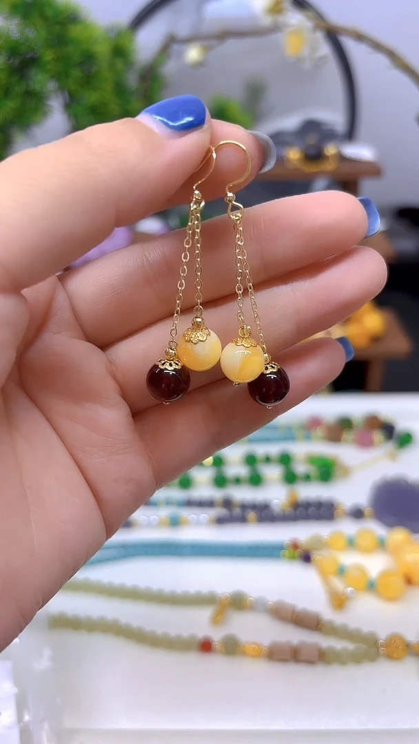 蜜蜡14K金镶嵌耳饰E150