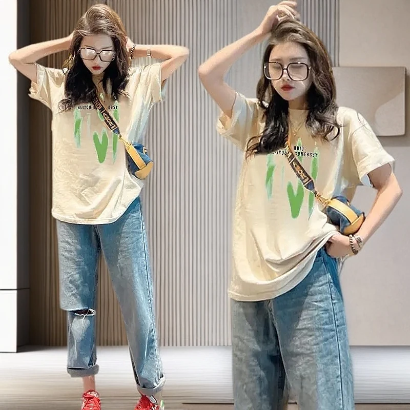 新款中长款纯棉大码字母2025春夏季短袖高档减龄圆领上衣女装t恤