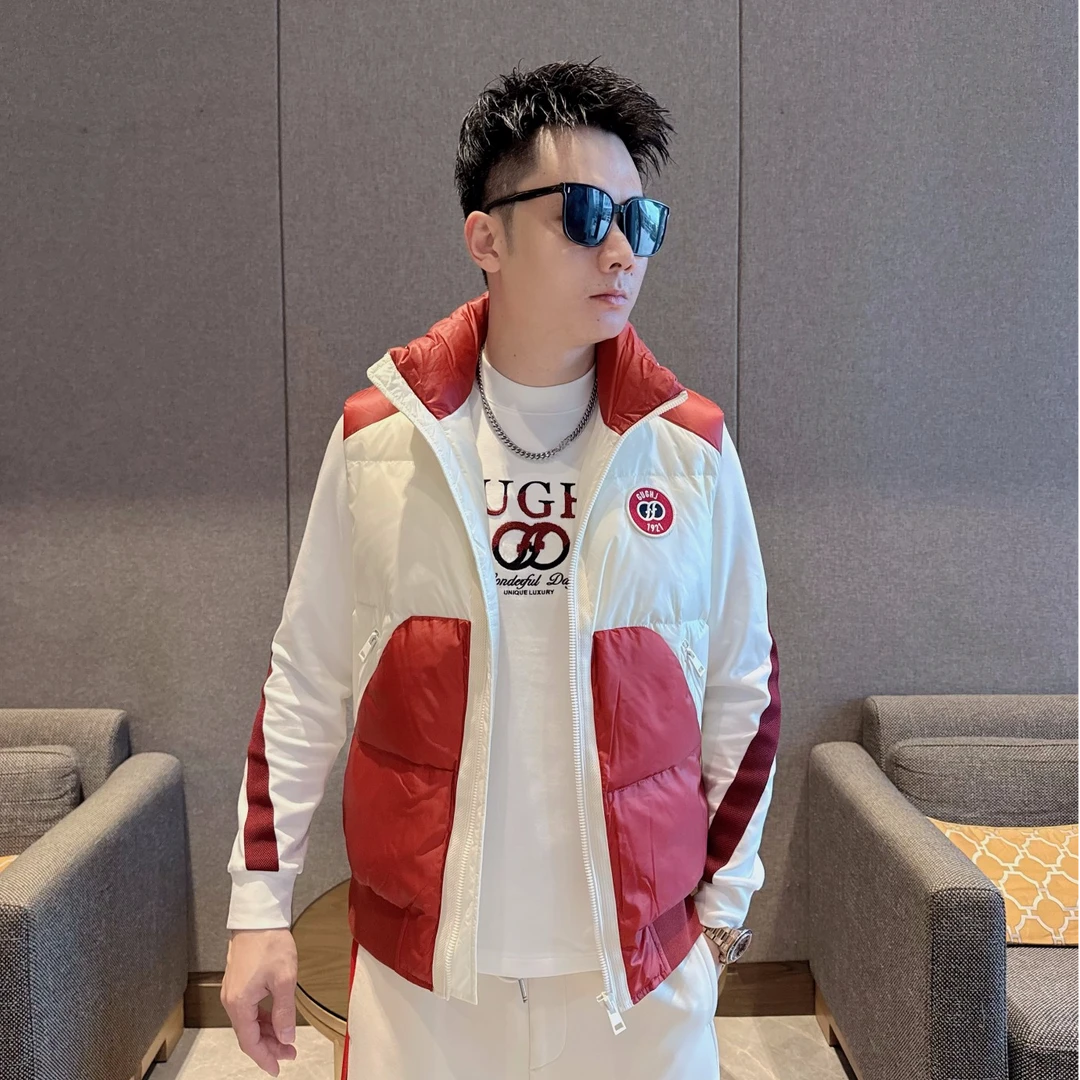 2025男士冬季立领保暖拼接拼色螺纹下摆透气羽绒马甲欧货撞色轻奢