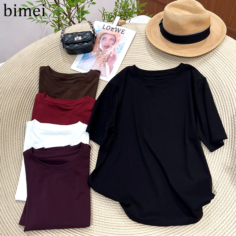 BIMEI大码宽松短袖T恤纯色圆领短袖透气韩版女秋2025新款00986