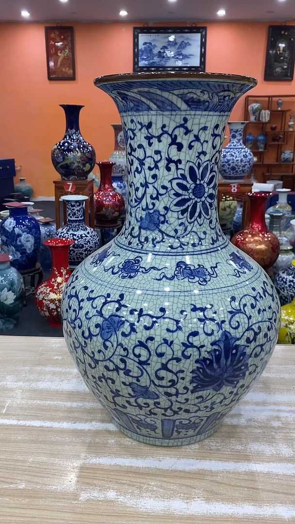 摆件青花大号开片富贵莲落地赏瓶60*38