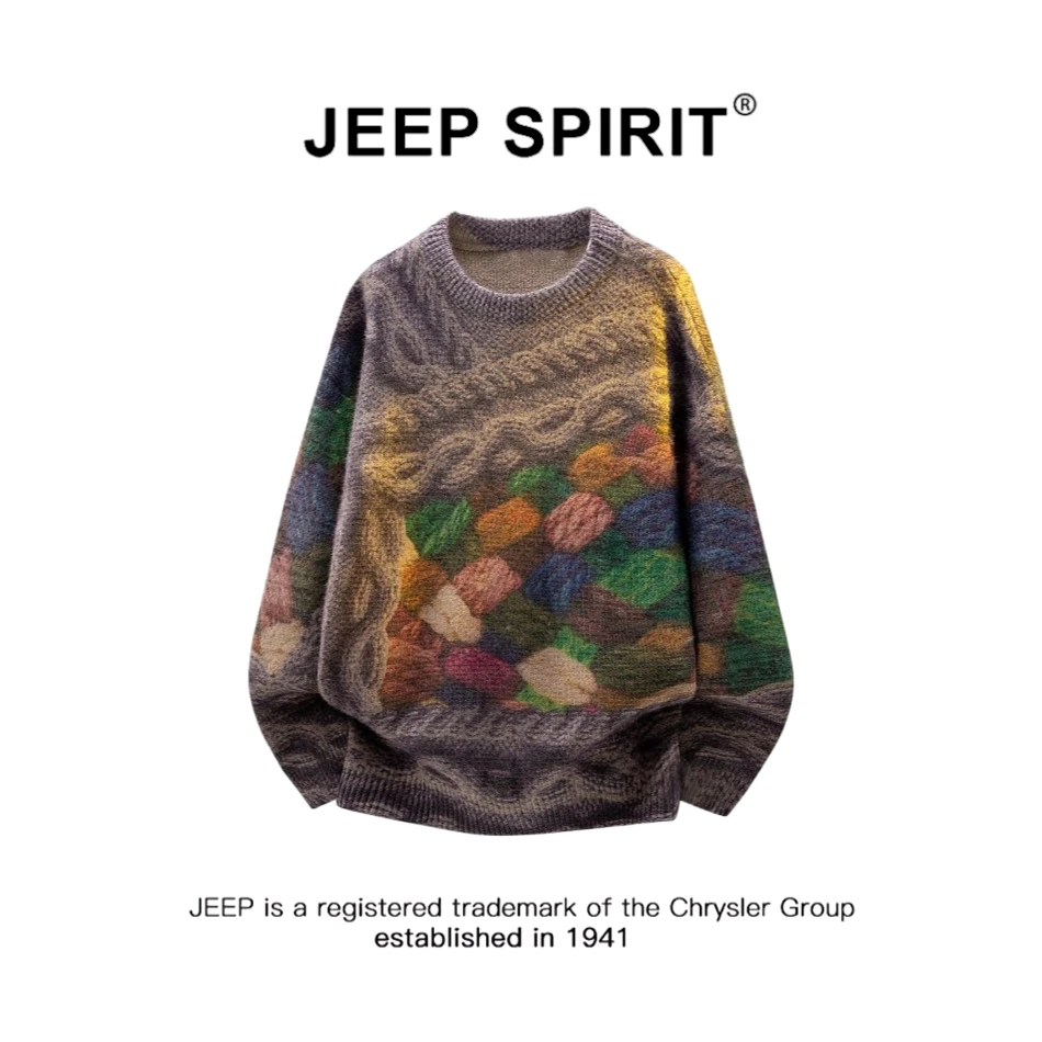 JEEPSPIRIT吉普美式彩色提花圆领毛衣男秋冬季设计感保暖针织衫潮