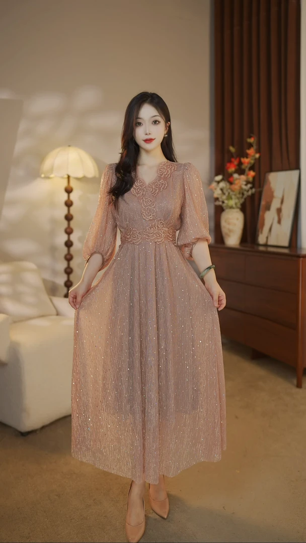 气质粉色亮片长裙2025夏季新款轻奢高级感裙子V领刺绣连衣裙女装