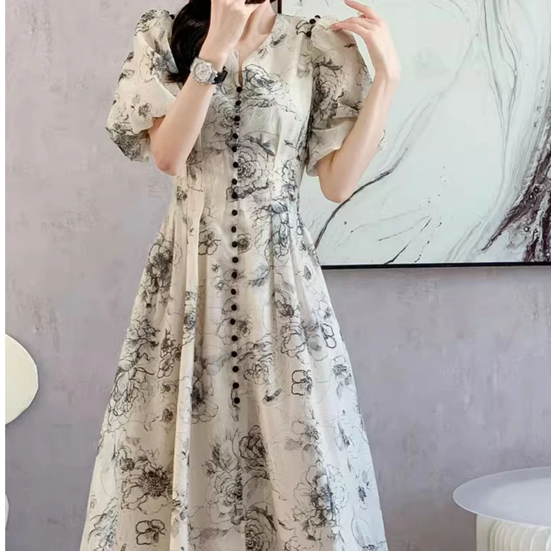 高夏季印花中国风肌理印花连衣裙气质裙子复古碎花显瘦女装