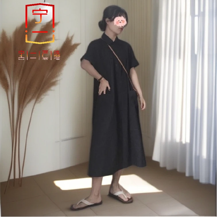 【宁一女装】时尚洋气显瘦POLO领纯色棉麻衬衫裙气质夏短袖新款遮肉