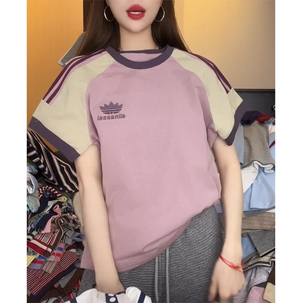 美式学院风日常紫色上衣女新款2025夏季时尚简约百搭撞色条纹T恤