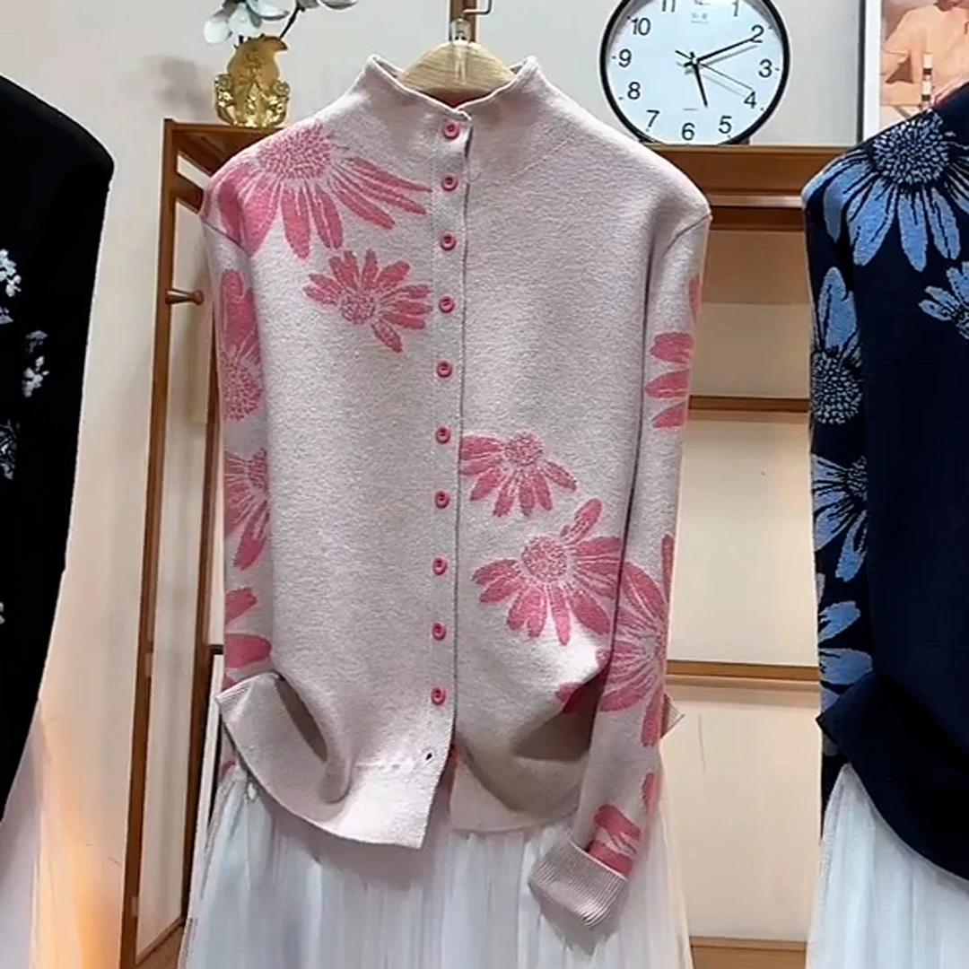 高级感向日葵图案针织开衫女2025秋冬新款气质修身显瘦单排扣上衣