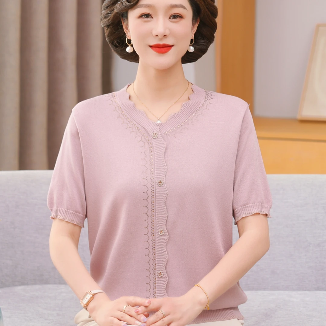 母亲节夏季冰丝凉感气质减龄透气百搭针织小衫短袖中老年妈妈装
