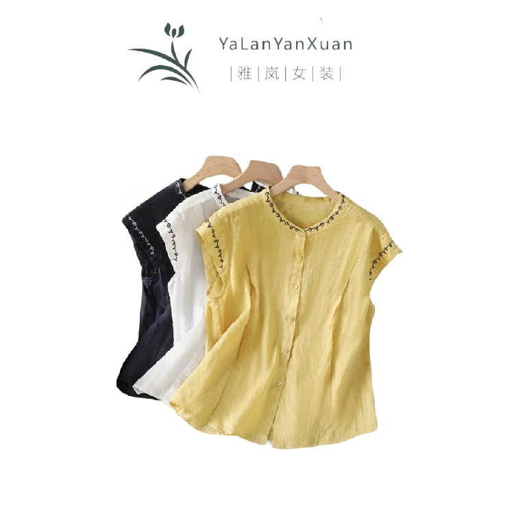 【雅岚女装】时尚洋气显瘦文艺刺绣纯棉纯色衬衫女夏季新款宽松气质